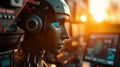 Advanced ai robot analyzing data on computer screen in futuristic setting Royalty Free Stock Photo