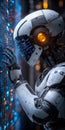 Advanced AI Robot Analyzing Data with Futuristic Interface in Technological Environment Royalty Free Stock Photo