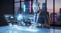 Advanced AI Robot Analyzing Digital Data on Transparent Holographic Screen in Modern Office with Cityscape Background Future Royalty Free Stock Photo