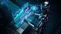 Advanced AI Robot Analyzing Financial Data on Laptop with Holographic Interface Royalty Free Stock Photo
