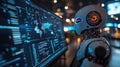 Advanced AI Robot Analyzing Global Data on a Large Screen Royalty Free Stock Photo