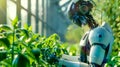 Futuristic robot tending plants in greenhouse