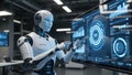 Advanced AI Robot Interacting with Futuristic Interface Royalty Free Stock Photo