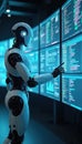 Advanced AI robot interacting with multiple screens displaying data streams. Symbolizes cutting-edge technology, artificial Royalty Free Stock Photo