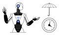 Futuristic robot gesturing with an umbrella and clock illustrating time management and protection Royalty Free Stock Photo