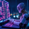 Advanced AI Robot Programming on Laptop in Futuristic Office Setting Embracing Technology Concepts Royalty Free Stock Photo