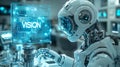 Advanced AI robot working with digital vision interface in a lab Royalty Free Stock Photo