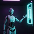 Futuristic Robot Interacting with Neon Light Interface, AI Technology, cyber monday, cyber monday shoping, black friday Royalty Free Stock Photo