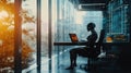 Advanced Android Holds a Virtual Cup of Coffee in a Futuristic Workspace