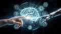 Advanced Artificial Intelligence Brain Interface with Human and Robot Touching Symbolizing Future Digital Innovation Royalty Free Stock Photo