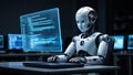 Advanced Artificial Intelligence Robot Programmer Working on Complex Code in a Futuristic Lab Environment Royalty Free Stock Photo