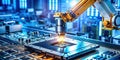 Advanced Automated Robot Arm Assembling Processor on Circuit Board in a Modern Robotics Factory