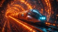 Advanced Automated Train Navigating Through a Futuristic Tunnel Illuminated by Vibrant Lights While Showcasing Cutting
