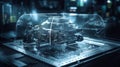 High-tech visualization of a car engine with engineers in futuristic laboratory