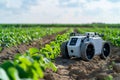An advanced autonomous robot drone equipped with sensors and AI technology is operating in an agricultural field showcasing the