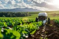 An advanced autonomous robot drone equipped with sensors and AI technology is operating in an agricultural field showcasing the