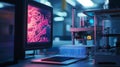 Advanced bioinformatics workstation displaying molecular structures in a modern lab