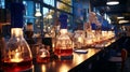 Advanced bioprinter in lab technical elements, empty cartridges, active display in bright lighting