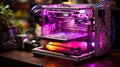 Advanced bioprinter in laboratory technical elements, empty cartridges, and printing display