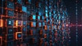 Advanced Blockchain Network with Glowing Data Blocks and Digital Circuitry on Dark Background