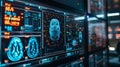 Advanced brain scan analysis on multiple computer monitors in a high-tech medical research facility