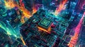 An advanced chip with glowing core generates data within a colorful square box amid a futuristic cityscape adorned with complex