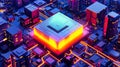 A vibrant advanced chip at the core of a futuristic cityscape teeming with data and intricate electronic components showcasing