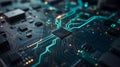 Advanced Circuit Board with Glowing Blue Traces & CPU. High-Tech Digital Data Flow on Motherboard Royalty Free Stock Photo