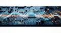 Advanced circuit board with glowing digital data waves flowing over central processor Royalty Free Stock Photo