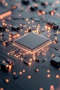 Advanced circuitry with glowing lights, a central processor on a dark surface, representing nanotechnology and digital innovation. Royalty Free Stock Photo