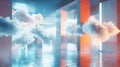 An advanced cloud computing system with holographic icons of clouds and data streams hovering over a state-of-the-art