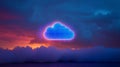 Advanced cloud platform featuring digital data streams under a clear blue sky