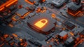 An advanced cloud security idea depicted through a glowing neon padlock, set against a backdrop of intricate circuit