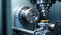 Advanced CNC lathe machine precisely processes metal component. Industrial equipment executes complex machining procedure. Royalty Free Stock Photo
