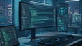Advanced Coding And Data Systems On Multi Monitor Setup 4k ai Royalty Free Stock Photo