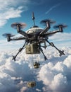 An advanced combat drone hovers above fluffy clouds, preparing to deploy its payload in a military operation
