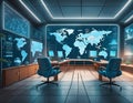 Advanced command center with holograms and world maps, concept of high-tech surveillance