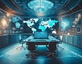 Advanced command center with holograms and world maps, concept of high-tech surveillance
