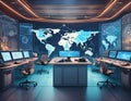 Advanced command center with holograms and world maps, concept of high-tech surveillance