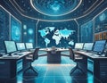 Advanced command center with holograms and world maps, concept of high-tech surveillance