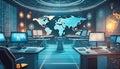 Advanced command center with holograms and world maps, concept of high-tech surveillance