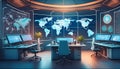 Advanced command center with holograms and world maps, concept of high-tech surveillance