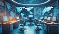 Advanced command center with holograms and world maps, concept of high-tech surveillance