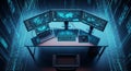 Advanced Computer Desk with Multiple Monitors and Futuristic Interface Royalty Free Stock Photo