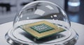 Advanced computer processor unit displayed securely under a clear glass dome on a sleek metallic stand. Royalty Free Stock Photo