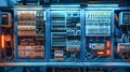 The advanced control panel features a complex array of electrical switches, wires, and illuminated power boards, highlighting