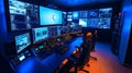 Advanced control room displays complex data visualizations for modern technology operations
