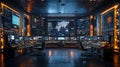 Advanced control room with robotics, featuring high tech screens and data displays