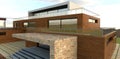 Advanced country house with wooden finishes. View of the front entrance and spacious glass-enclosed terraces. 3d render