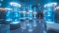 Advanced cryogenic storage system with illuminated chambers in a tech facility. Cryogenic Chambers for freezing bodies